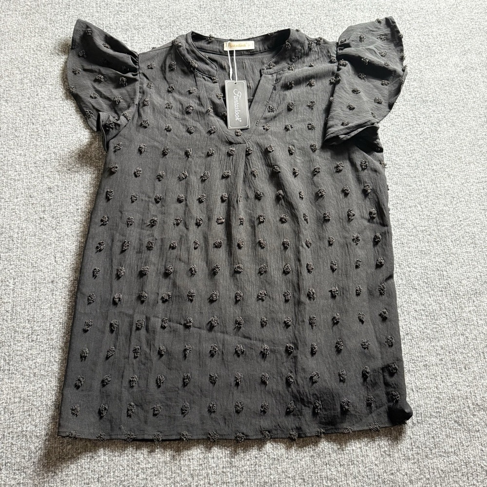 Fantaslook Womens Black Swiss Dot Blouse Flutter Sleeve V-Neck Tunic Top NWT L